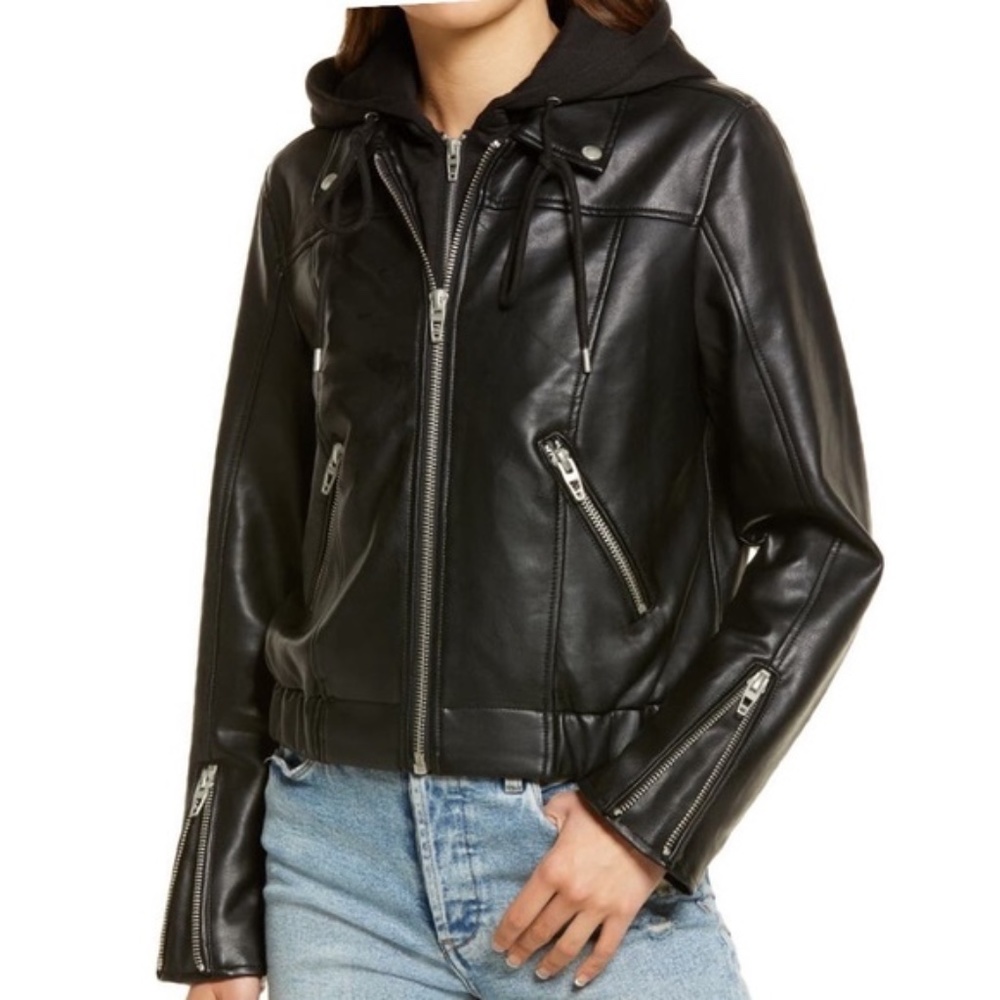 NWT BLANKNYC Faux Leather Bomber Jacket with Removable Hood